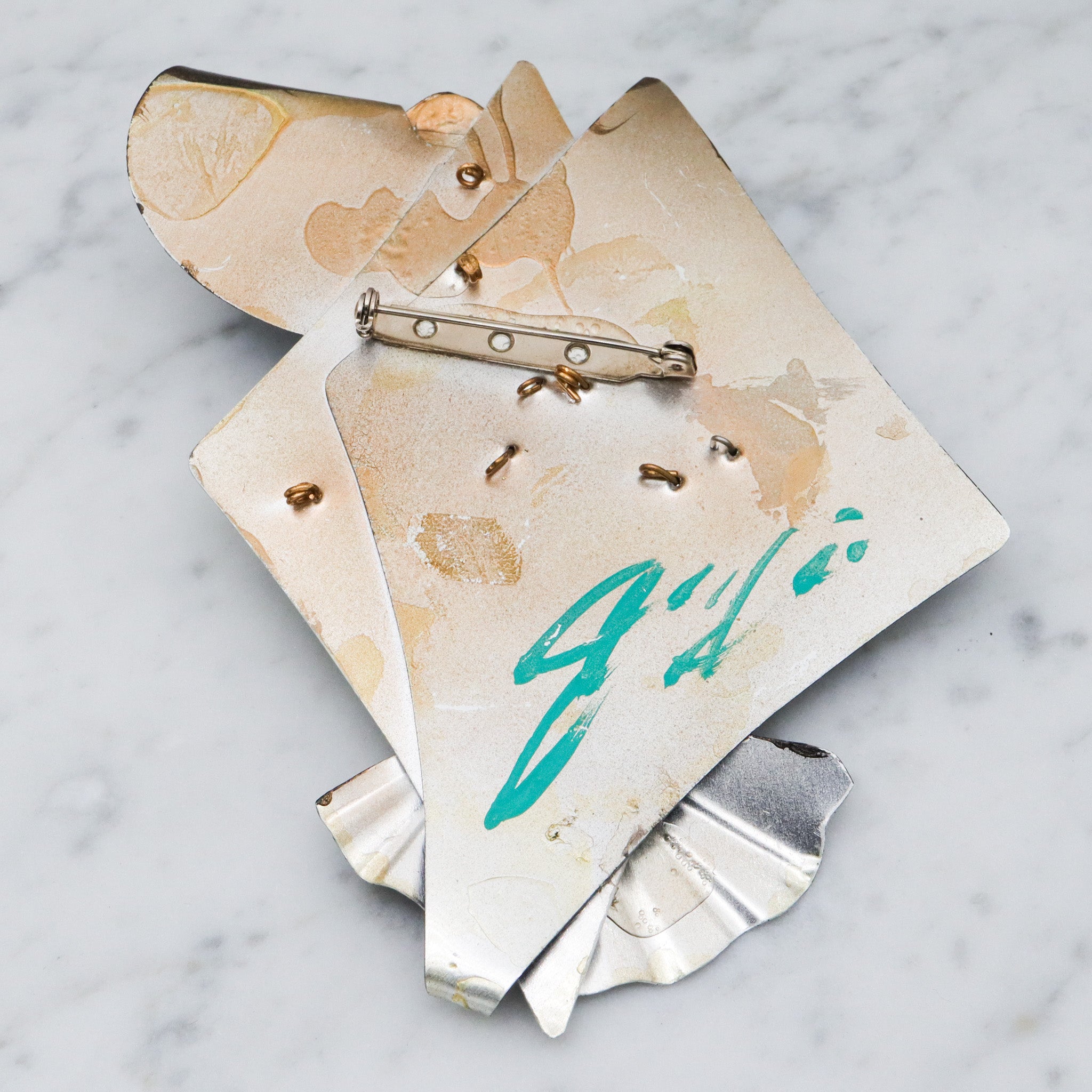 Huge 1980's handmade black & white lady brooch